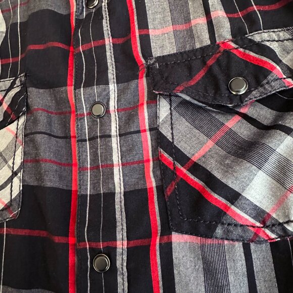 Burnside‎ Western Shirt Black Snaps Plaid Topstitching Men's M Red Gray - Picture 4 of 6